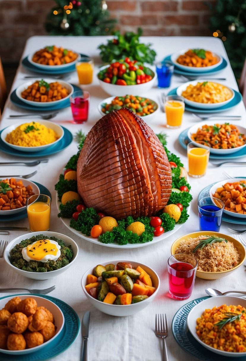 A festive table spread with 20 colorful side dishes arranged around a succulent ham centerpiece